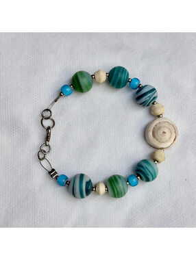 Handmade Beaded Strand Bracelet Ocean Theme Green Blue Swirl Shell Charm Boho